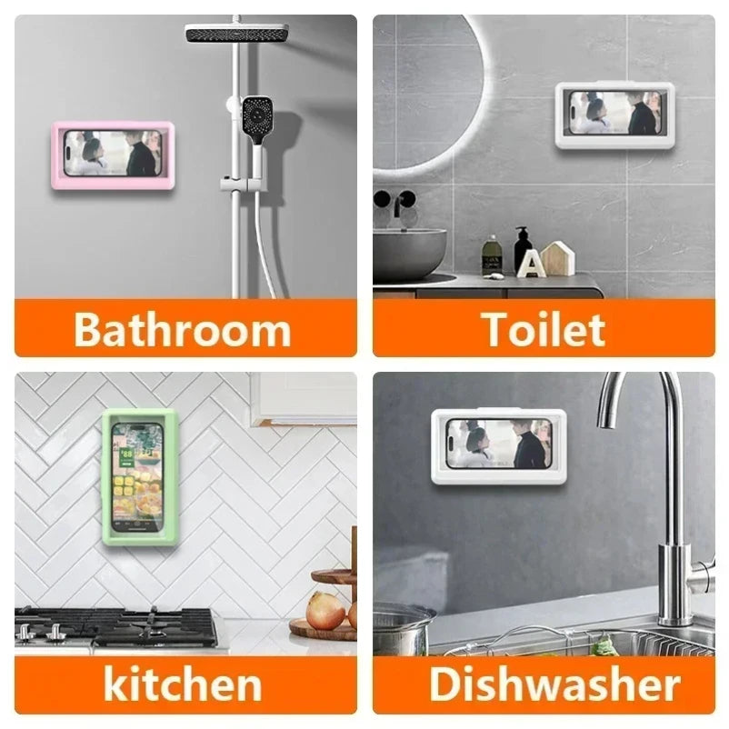 waterproof phone holder in various locations with labels for bathroom, toilet, kitchen, and dishwasher.