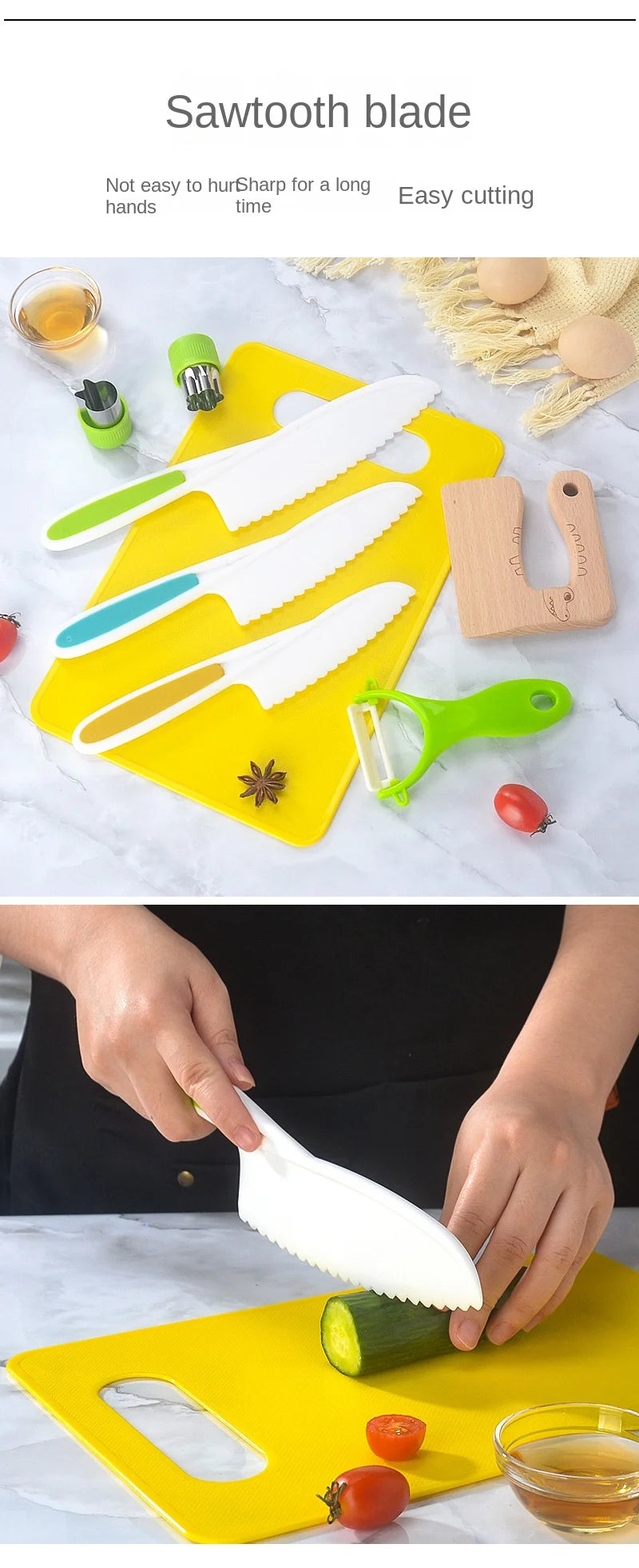 close up of kids knife cutting vegetables