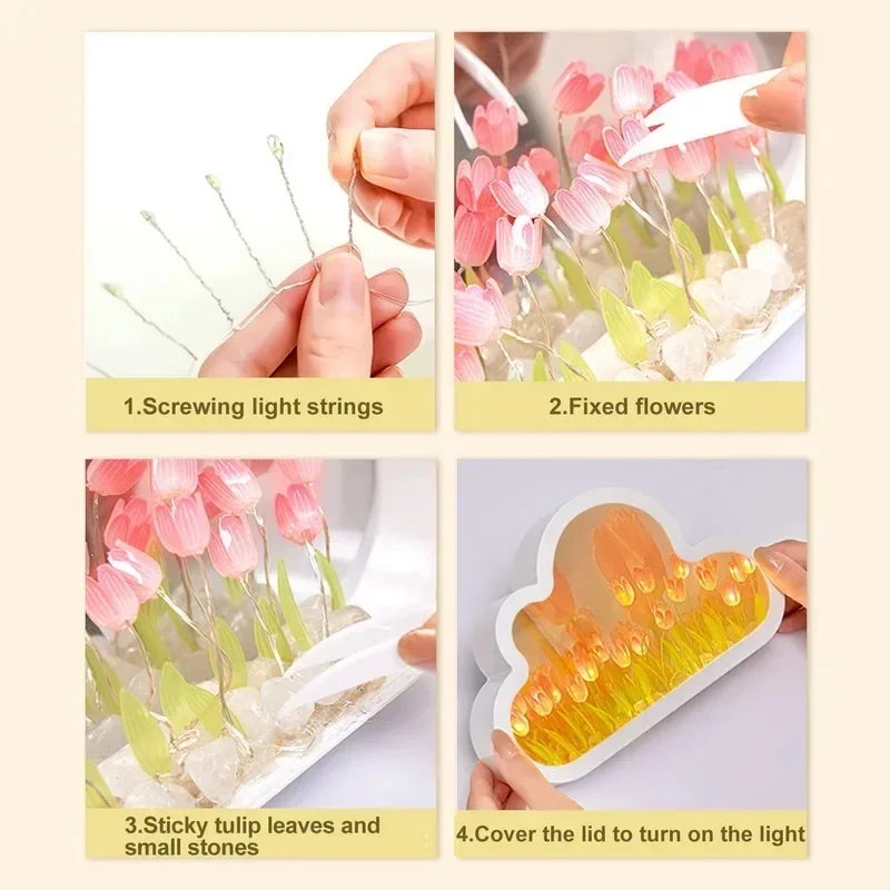 instruction how to assemble the DIY wooden tulip light box kits with LED