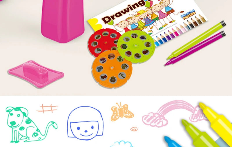 Projector drawing table accessories with 3 colorful slide discs, pens, and drawing samples