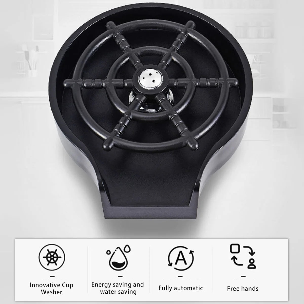 Black cup washer on a white background with icons and text indicating features.