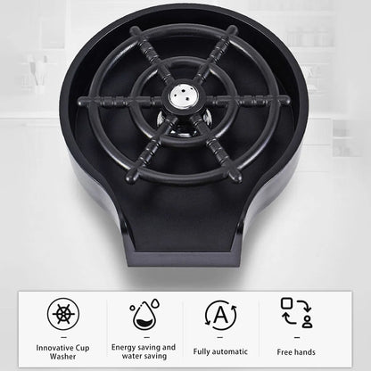 Black cup washer on a white background with icons and text indicating features.