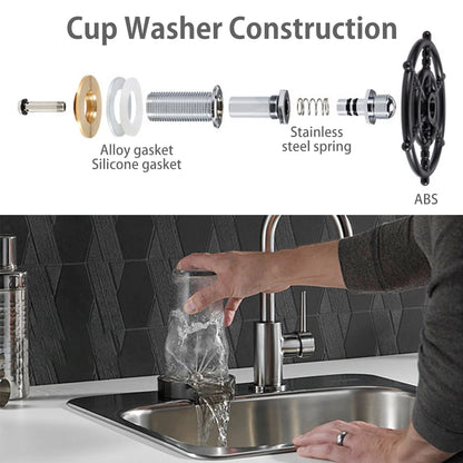 Cup washer construction with labeled parts and a person using it in a kitchen.