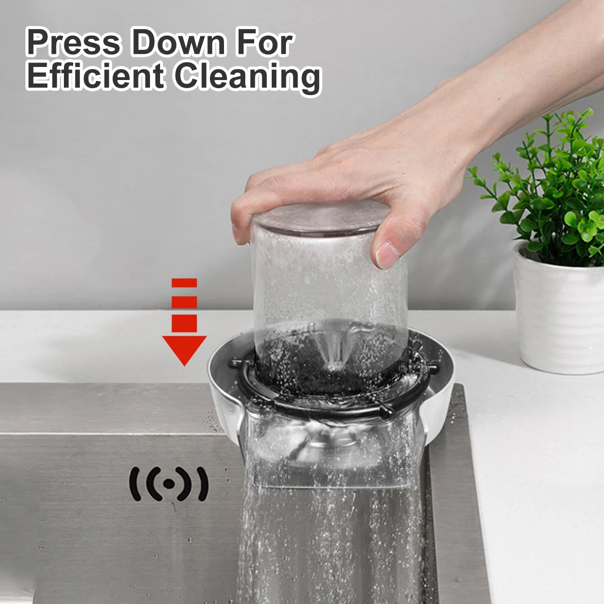 Hand pressing down on a shower head with text 'Press Down For Efficient Cleaning' in a bathroom setting.