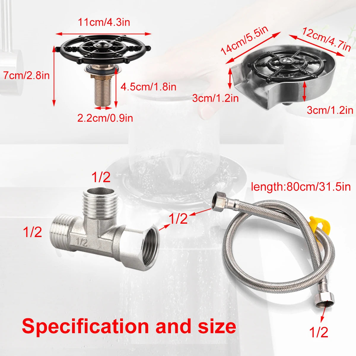 Technical specifications and sizes of cup washer components on a white background