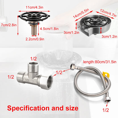 Technical specifications and sizes of cup washer components on a white background