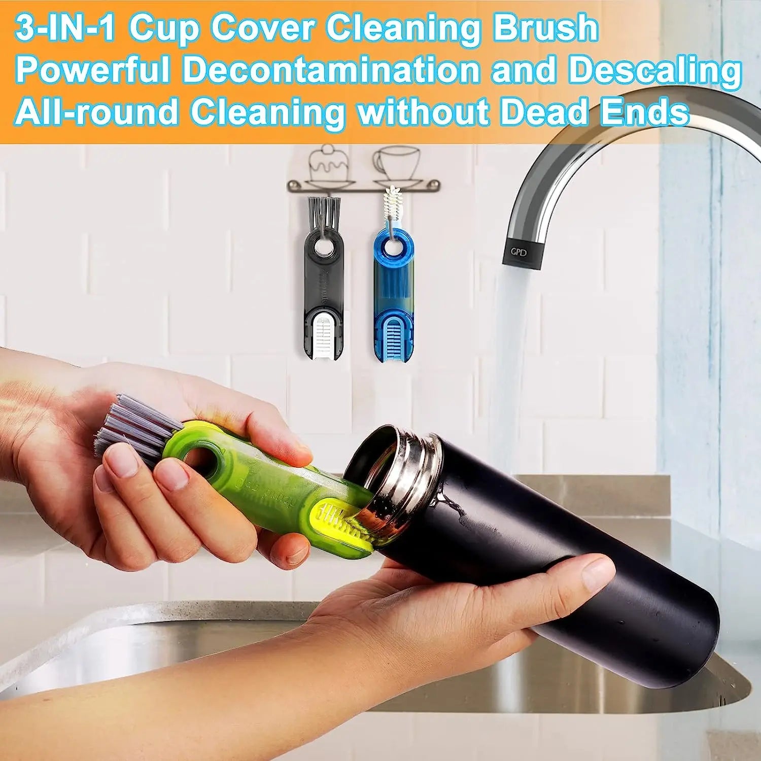 Cleaning brush washing a bottle in sink