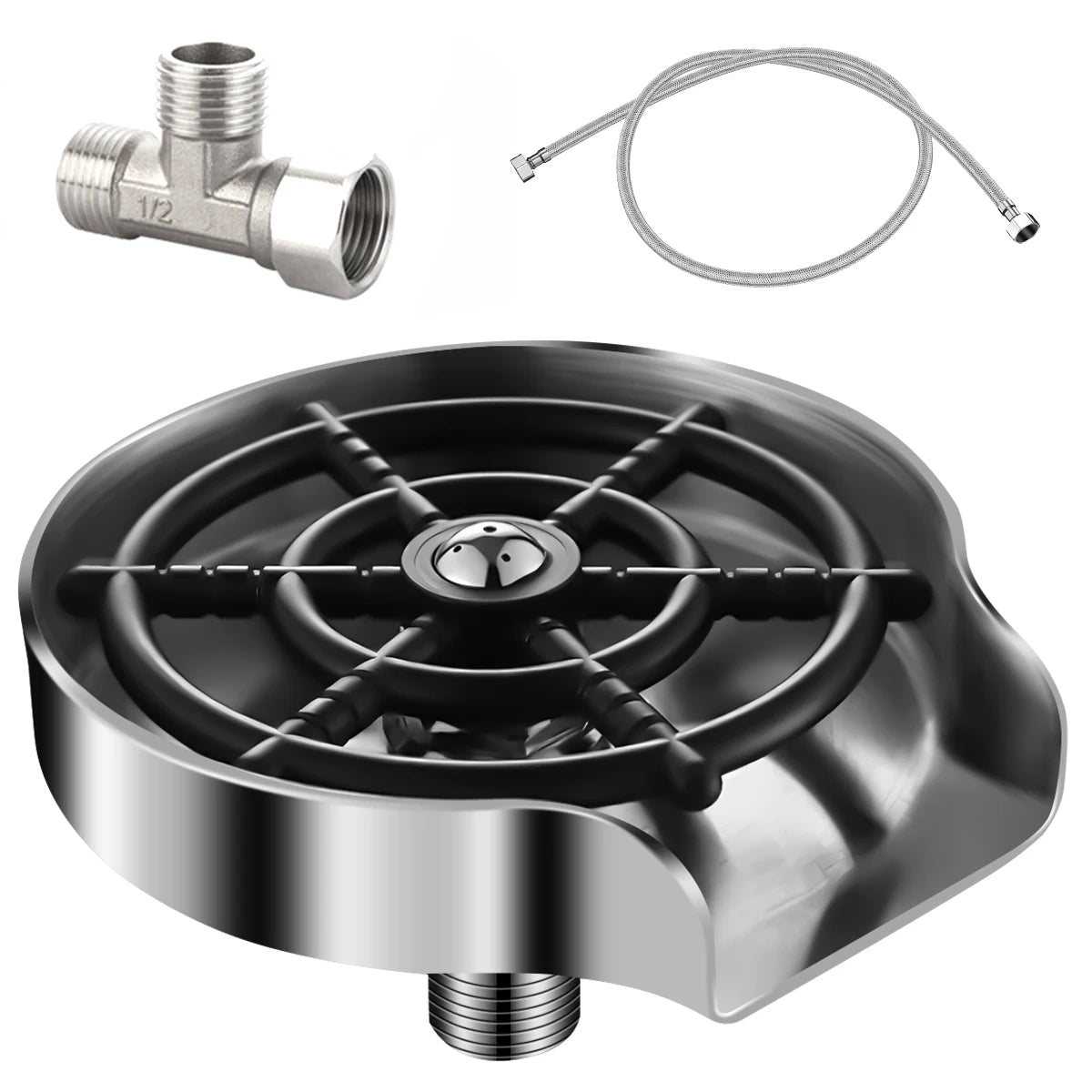 Stainless steel cup washer with hose and fitting on a white background