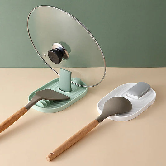 spatula and lid holder on kitchen counter