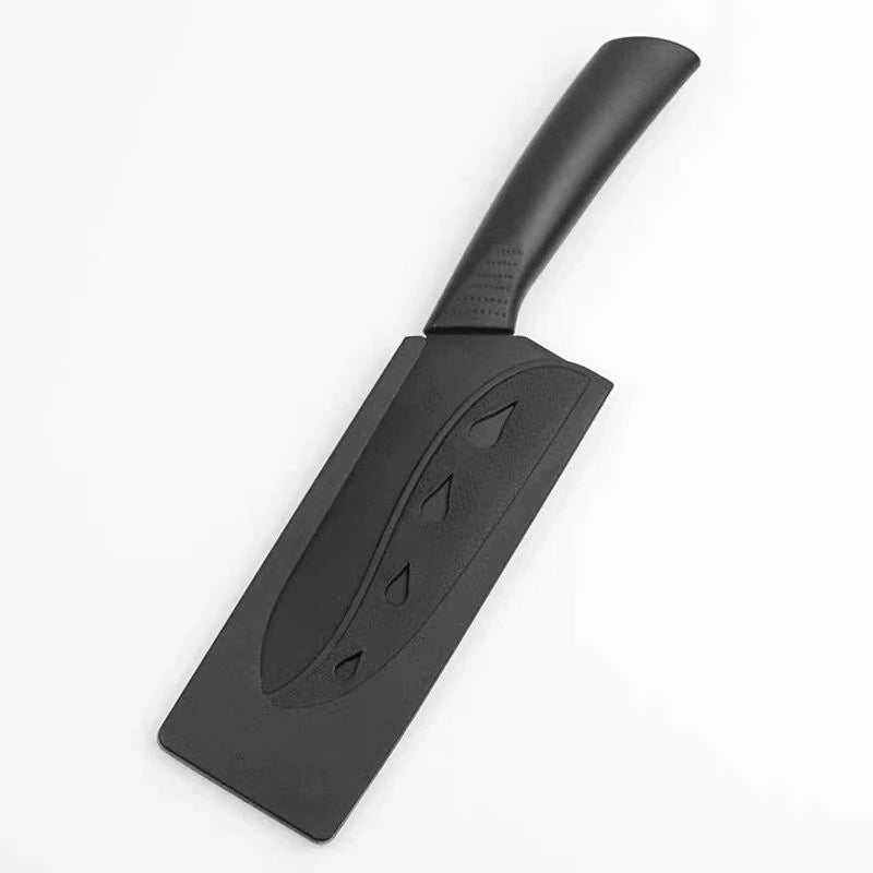 Front view of the black non-slip stainless steel knife