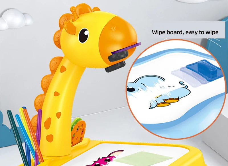 Yellow giraffe-shaped kids projector drawing table with built-in marker storage and wipeable board