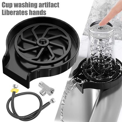 High Pressure Cup Washer For Kitchen Sink with black washing device and hose, showing water flowing into a glass.