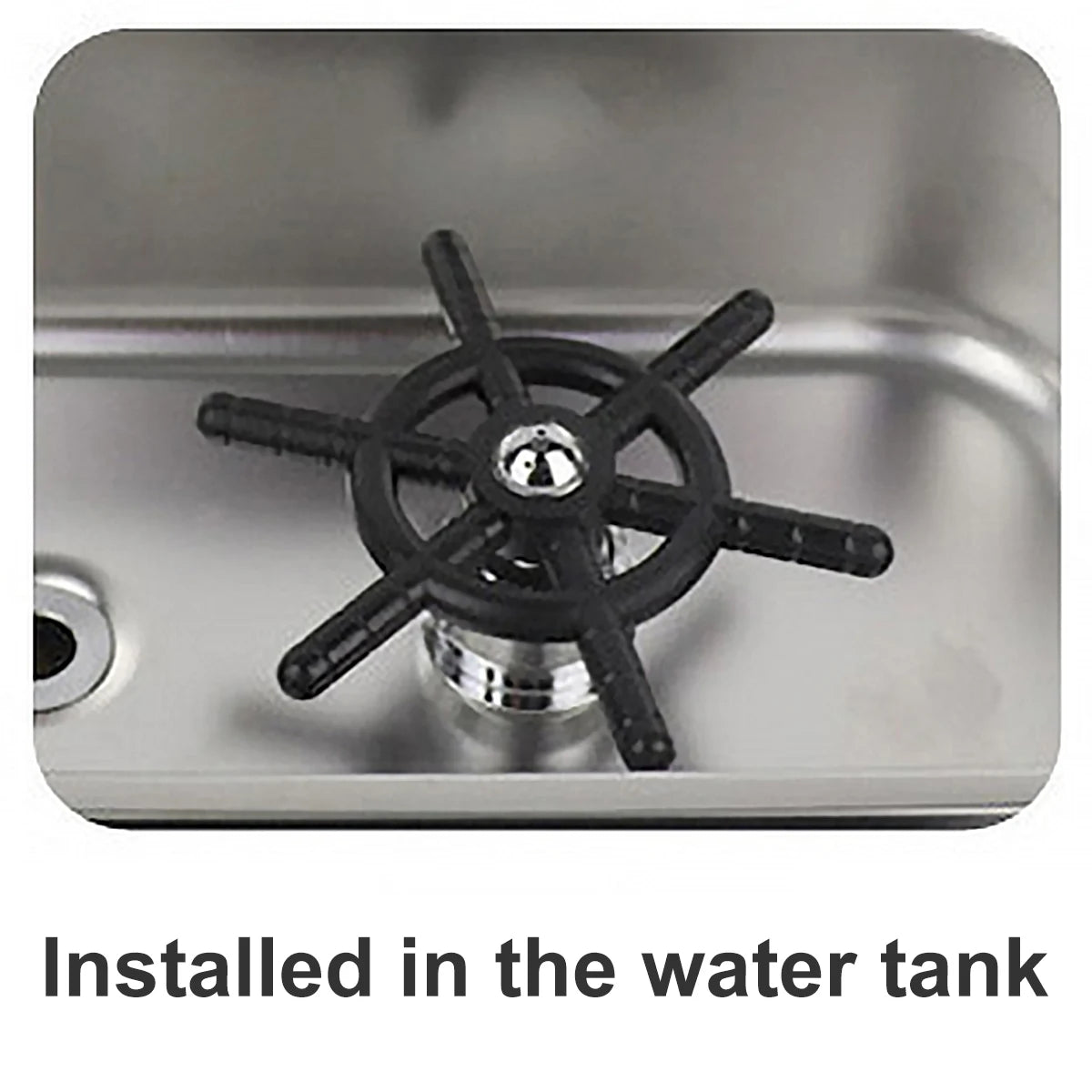 Black valve installed in a water tank with text 'Installed in the water tank'.