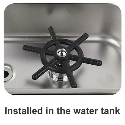 Black valve installed in a water tank with text 'Installed in the water tank'.