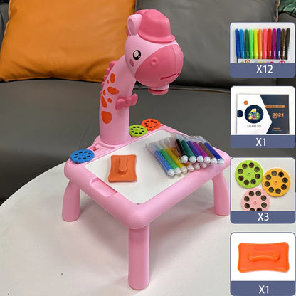 Pink giraffe-shaped kids projector drawing table with included markers and slides