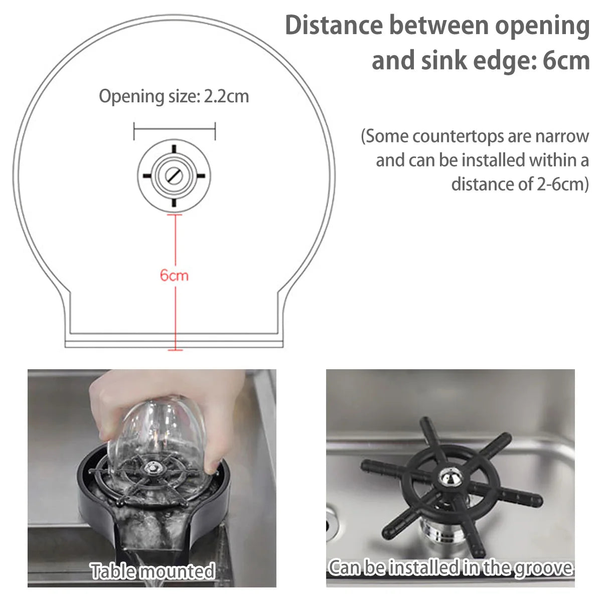 Technical diagram and installation instructions for a kitchen sink cup washer with measurements and usage examples.
